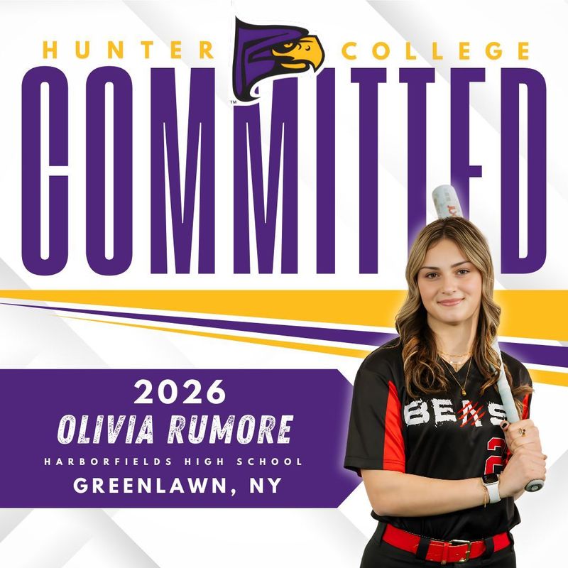 Olivia Rumore, class of 2026, commits to Hunter College, pictured in a softball uniform holding a bat.