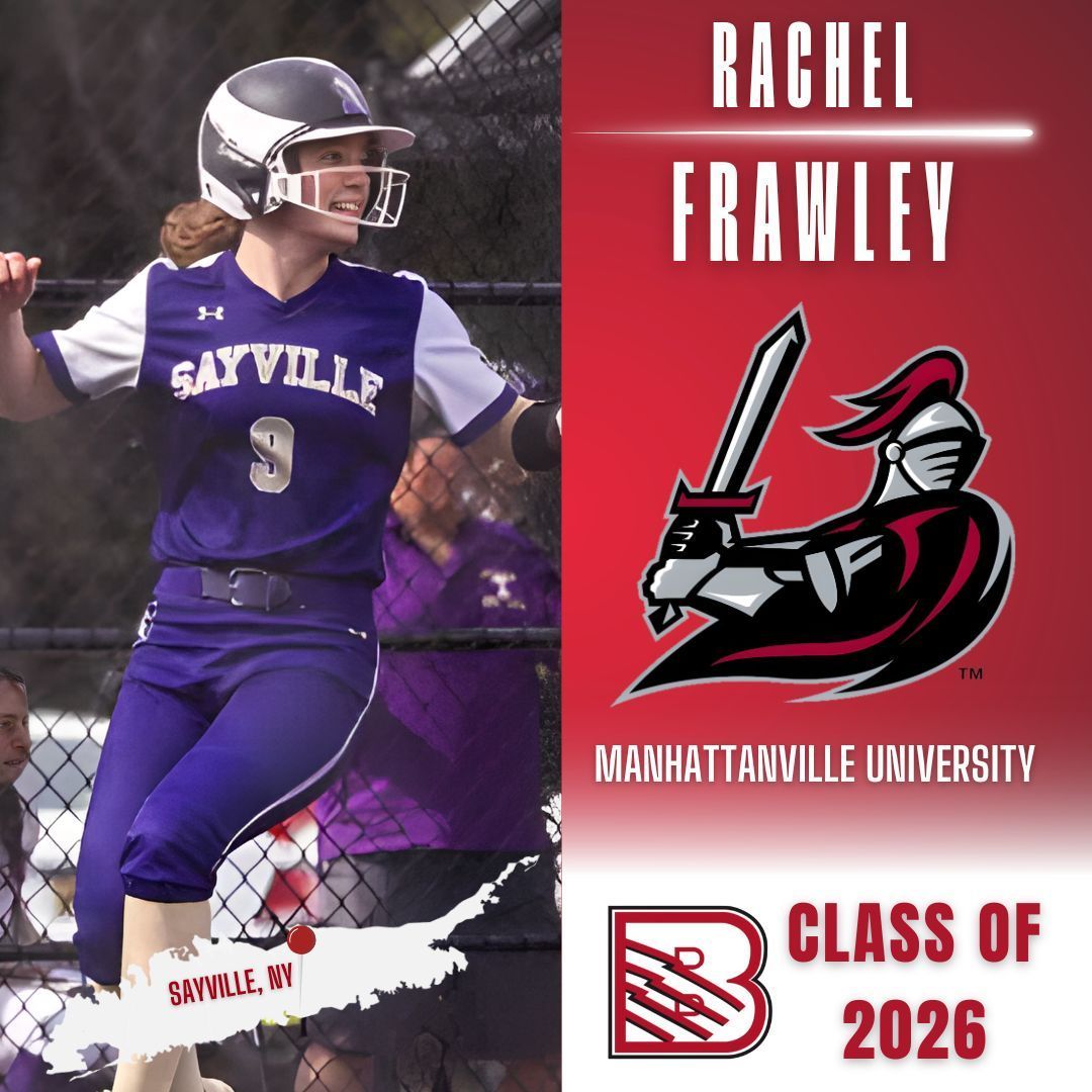 Rachel Frawley in a Sayville softball uniform beside a Manhattanville University logo and 