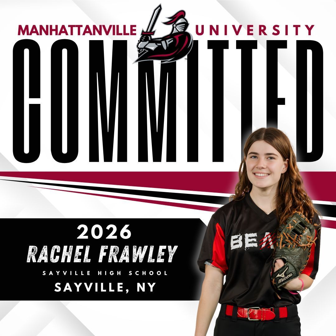 A Manhattanville University recruitment graphic featuring softball player Rachel Frawley, Sayville HS, Class of 2026.