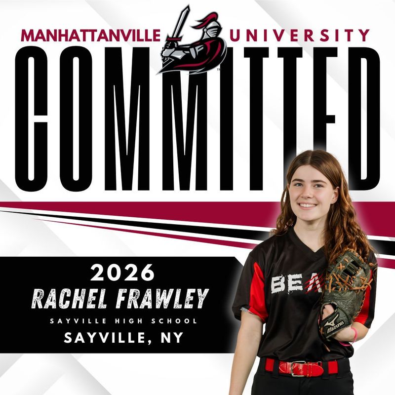 Athletic commitment graphic for Manhattanville University featuring a softball player from Sayville High School.