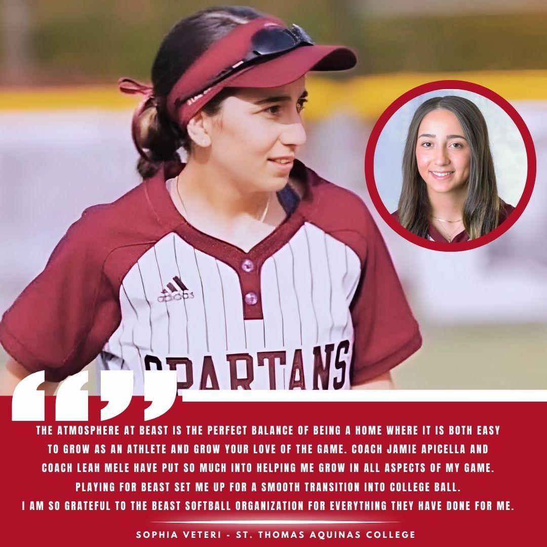 A testimonial graphic for Beast softball featuring a player, an inset photo, and a quote about the organization.