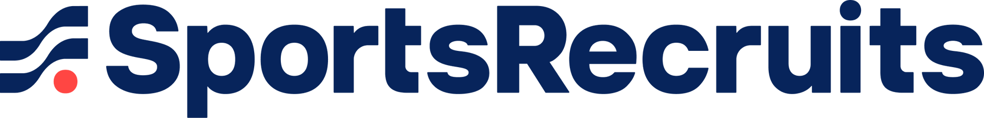 The SportsRecruits logo, featuring dark blue text with a stylized wave symbol and a small red circle to the left.
