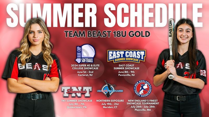 Summer schedule for Team Beast 18U Gold softball, featuring two team members and a list of tournament dates and locations.