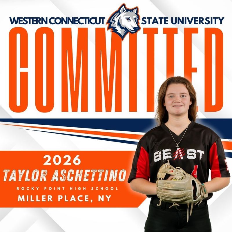 Athlete Taylor Aschettino, wearing a baseball uniform, announces a commitment to Western Connecticut State University.