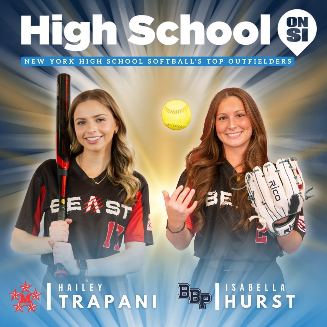 Two softball players in black jerseys, one holding a bat and one holding a glove, pose for a New York sports article.