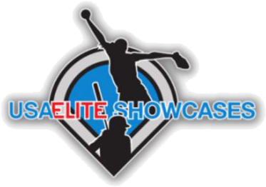 Logo for USA Elite Showcases featuring a silhouette of a softball pitcher and batter inside a blue and gray shield.