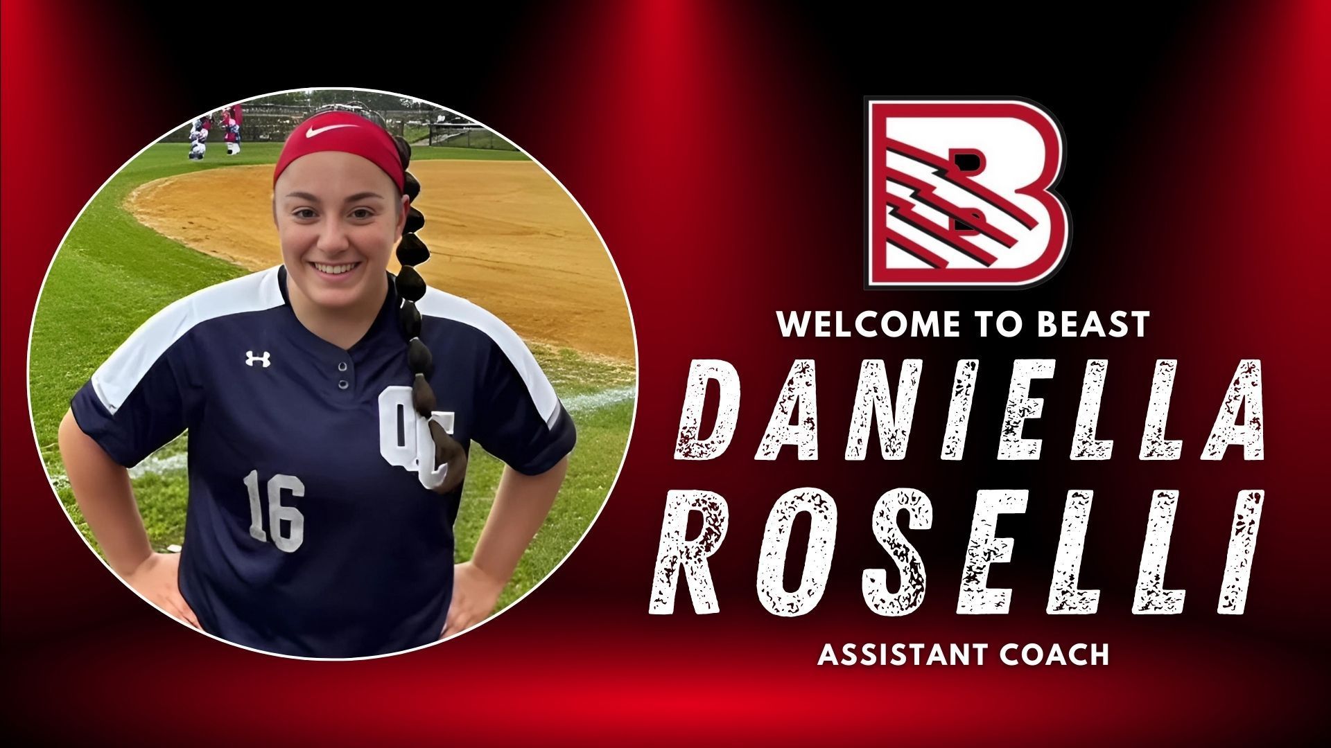 Welcome graphic for Assistant Coach Daniella Roselli, featuring her photo on a red background with the team logo.