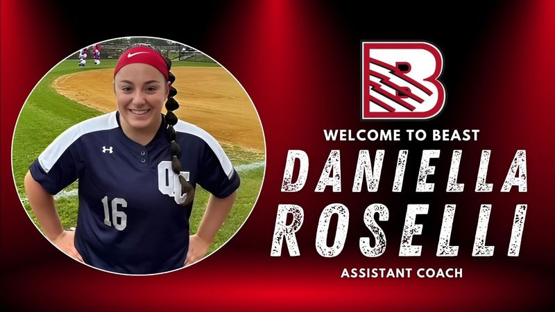 Welcome graphic for Assistant Coach Daniella Roselli, featuring her photo on a red background with the team logo.