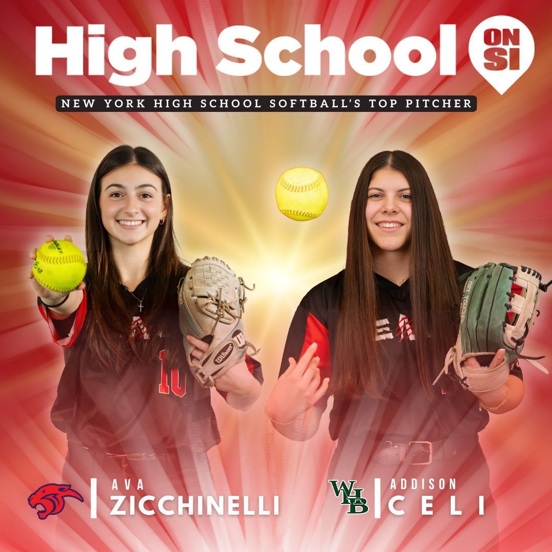 Two softball pitchers hold their gloves and a ball against a red background with the title New York High School Pitcher.
