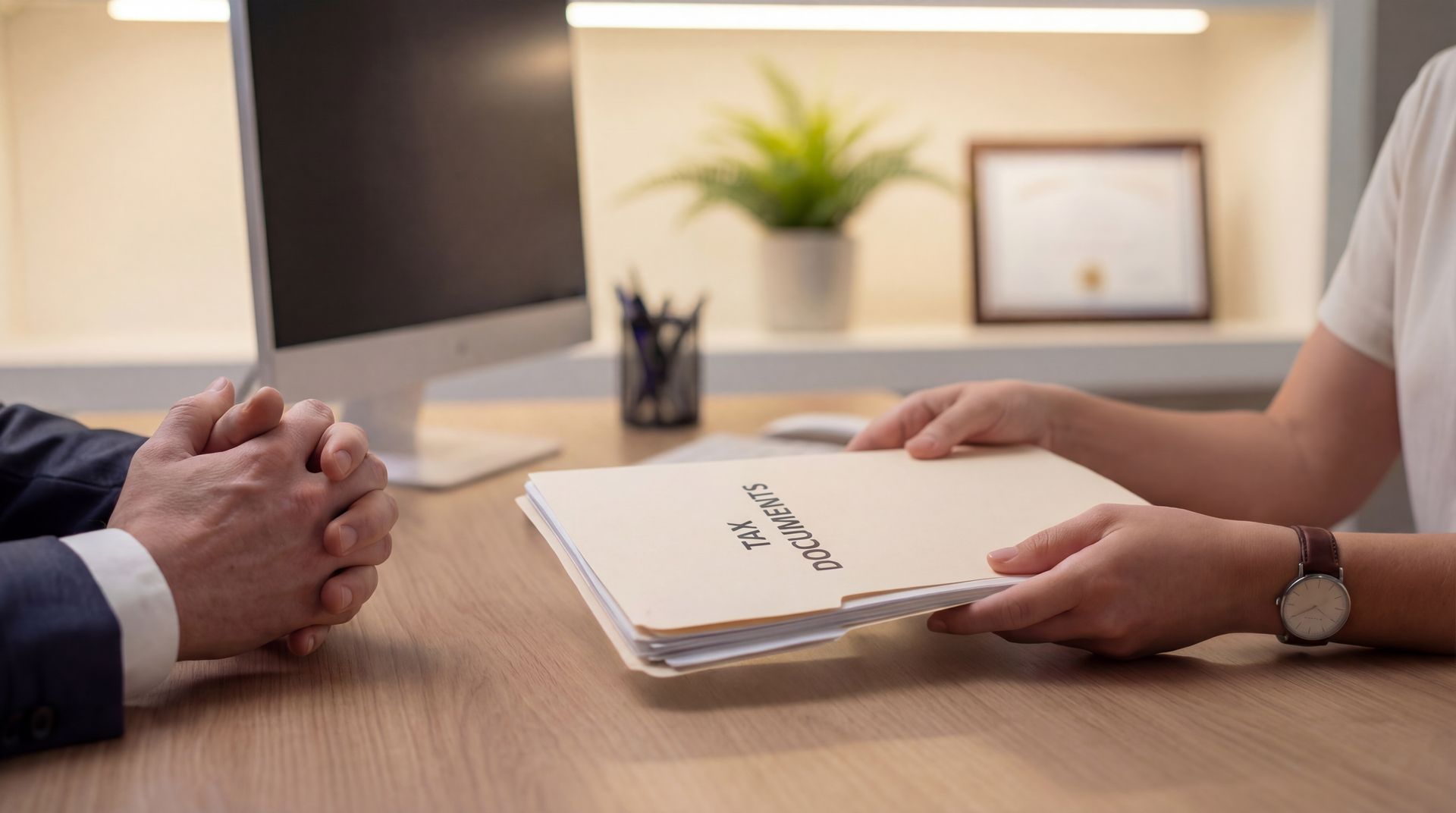 Accountant handing a client a financial document folder during a tax consultation meeting in a professional office