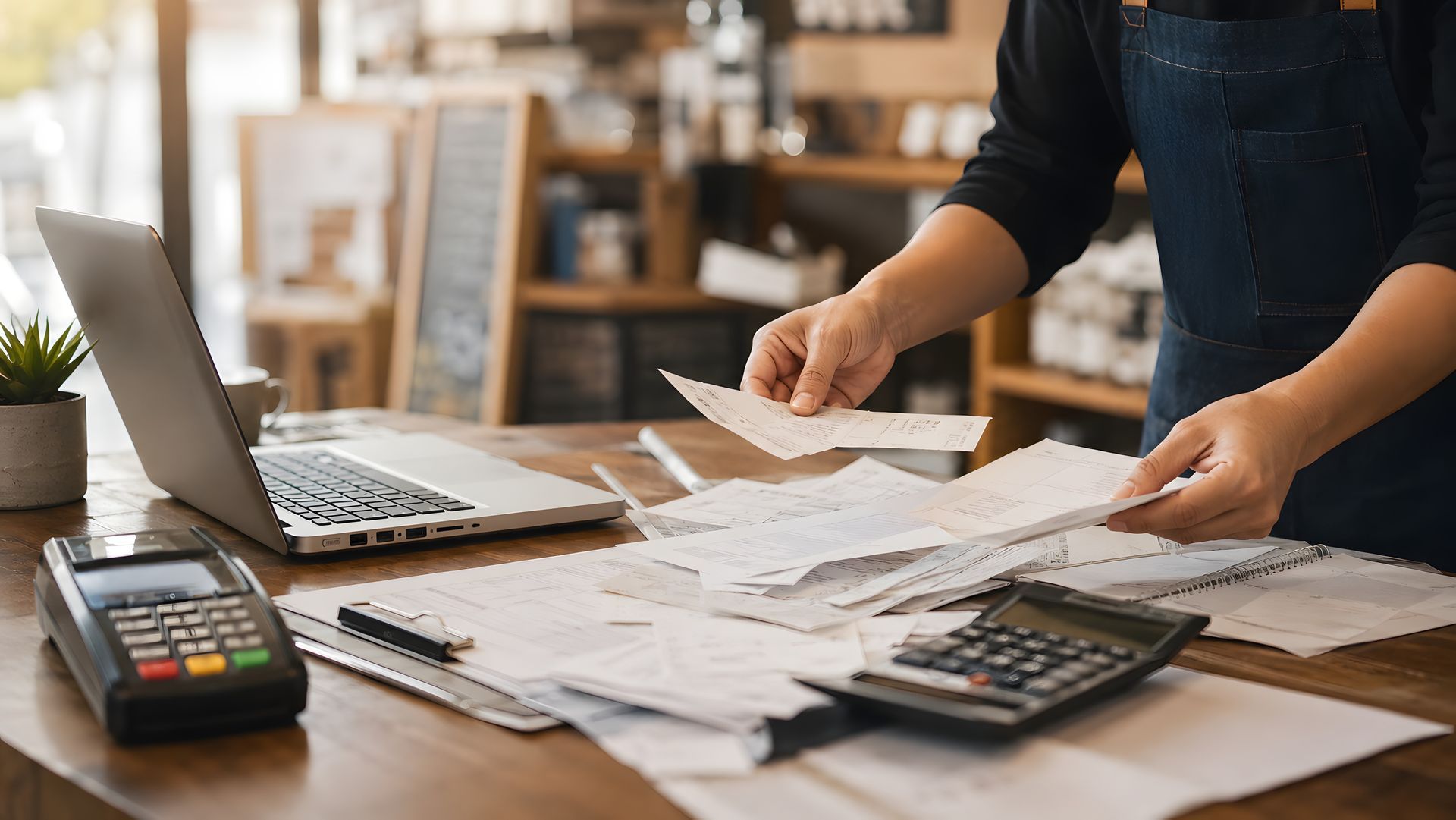 Small business owner sorting through tax documents and receipts during business tax preparation filing season
