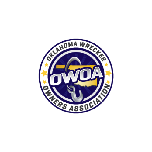 Logo for Oklahoma Wrecker Owners Association, a blue and gold circular design with tow hook and Oklahoma outline.