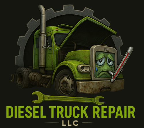 Green cartoon truck with a sad face, thermometer, and open hood, logo for diesel truck repair.