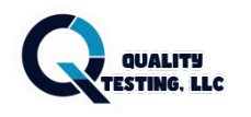 Logo for Quality Testing, LLC, featuring a stylized blue and navy letter