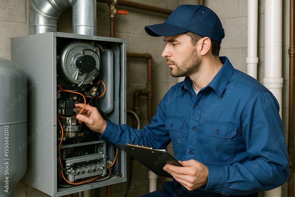Heating system with boiler, water tank, and copper pipes against a gray wall. Heating system with boiler, water tank, and copper pipes against a gray wall.