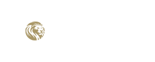 A lion 's head is in a circle on a white background.