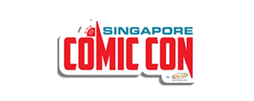 A logo for singapore comic con on a white background