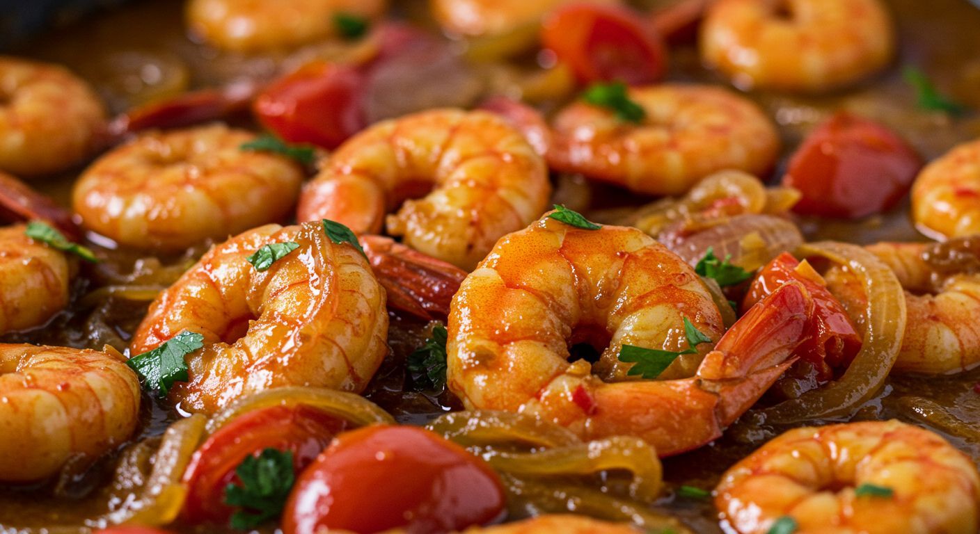 Imagem de camarões cozidos ao molho, com tomates, cebolas caramelizadas e folhas de coentro, representando a receita de Camarão à Baiana. Ideal para ilustrar pratos típicos de frutos do mar no site da IE Pescados.