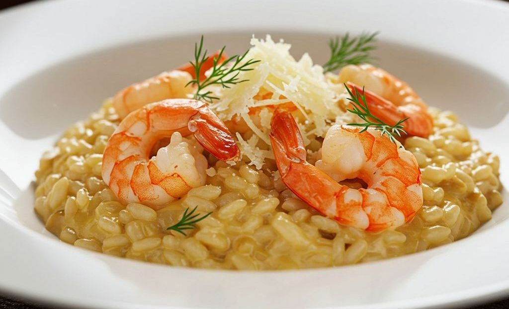 Prato de risoto de camarão Ie Pescados cremoso com queijo parmesão ralado e ervas frescas, servido em um prato branco, risoto de camarão, receita de risoto, camarão cremoso, frutos do mar, risoto sofisticado, gastronomia, comida italiana, IE Pescados