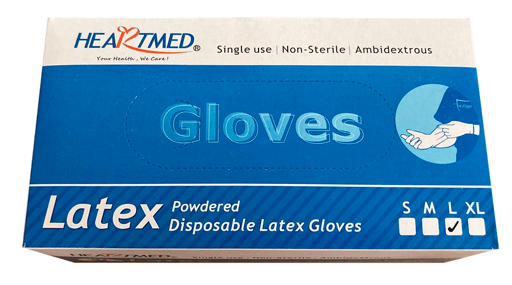 Caja de guantes de látex Heartmed de color azul y blanco, de un solo uso, empolvados, con opciones de tallas S, M, L, XL.