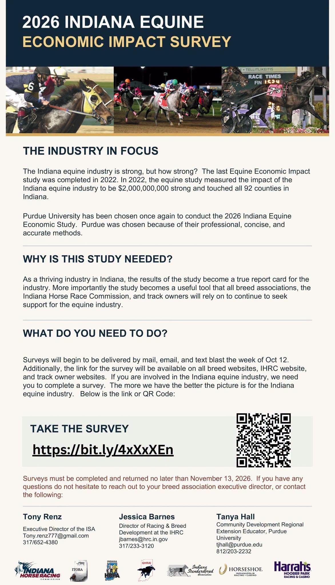 2026 Indiana Equine Economic Impact Survey flyer. Complete the survey by November 13, 2026.