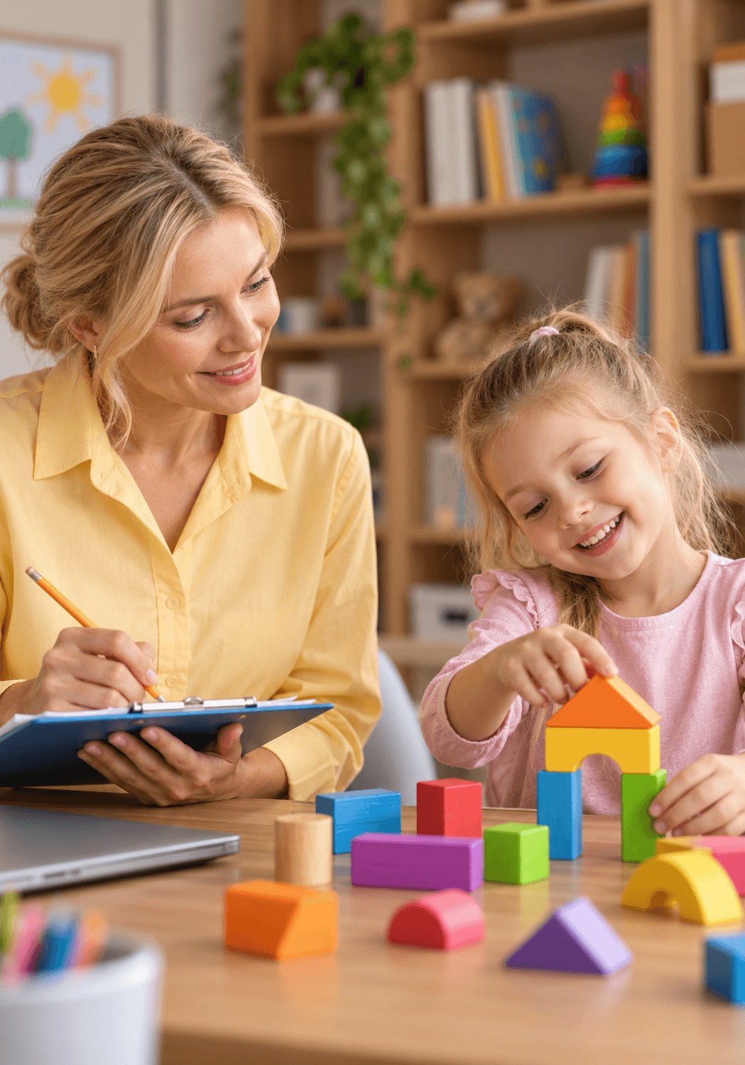 Child playing with blocks next to therapist taking notes