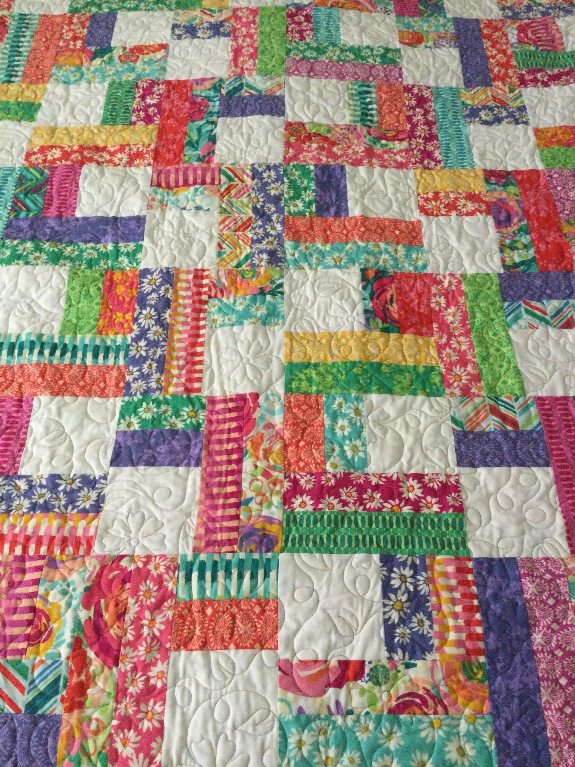 Colourful Patchwork Quilt With White Quilted Squares, Various Patterned Rectangles — Morning Star Quilting in Bateau Bay, NSW