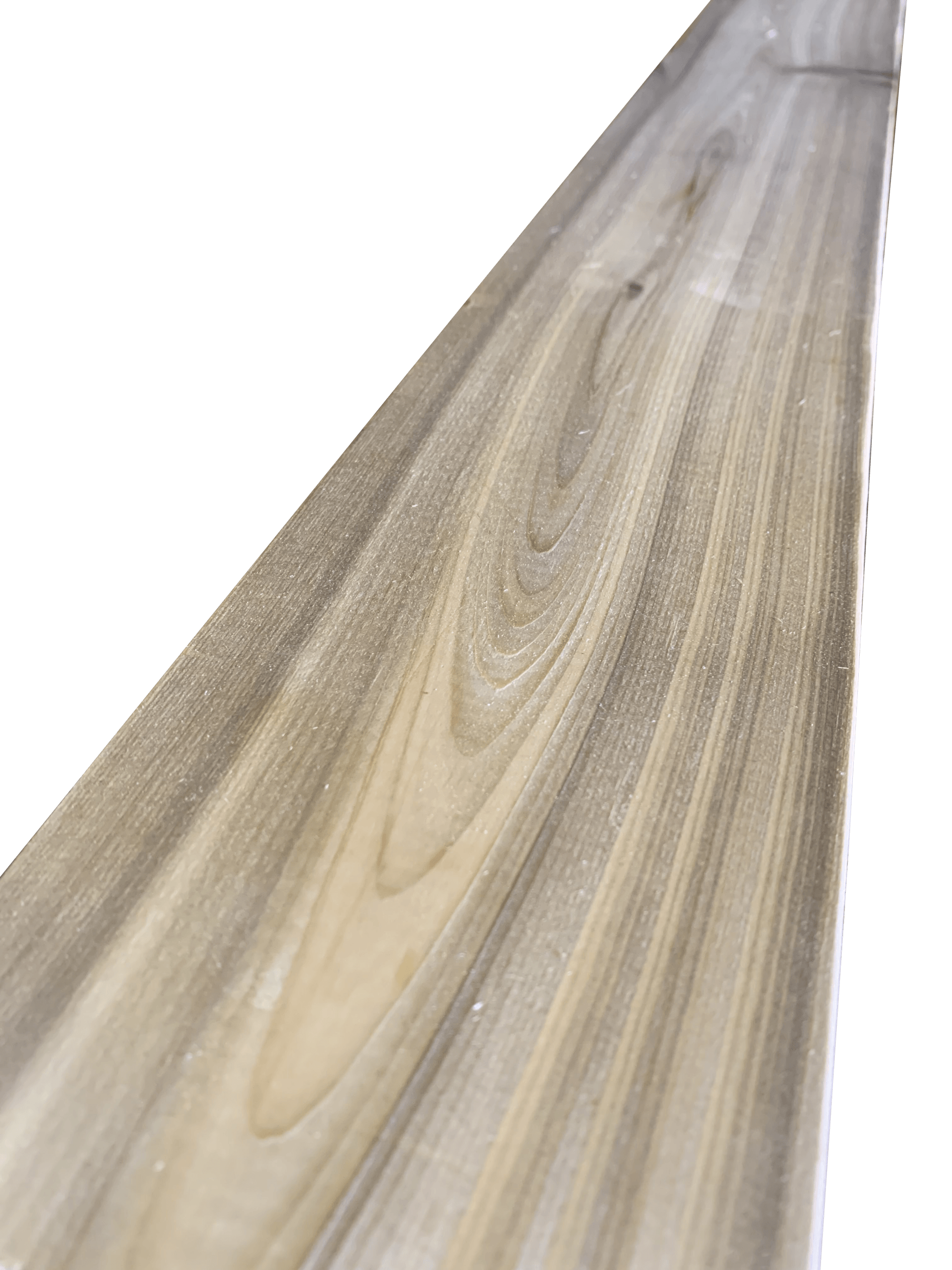 Wood plank with visible grain in shades of gray and beige, angled against a white background.