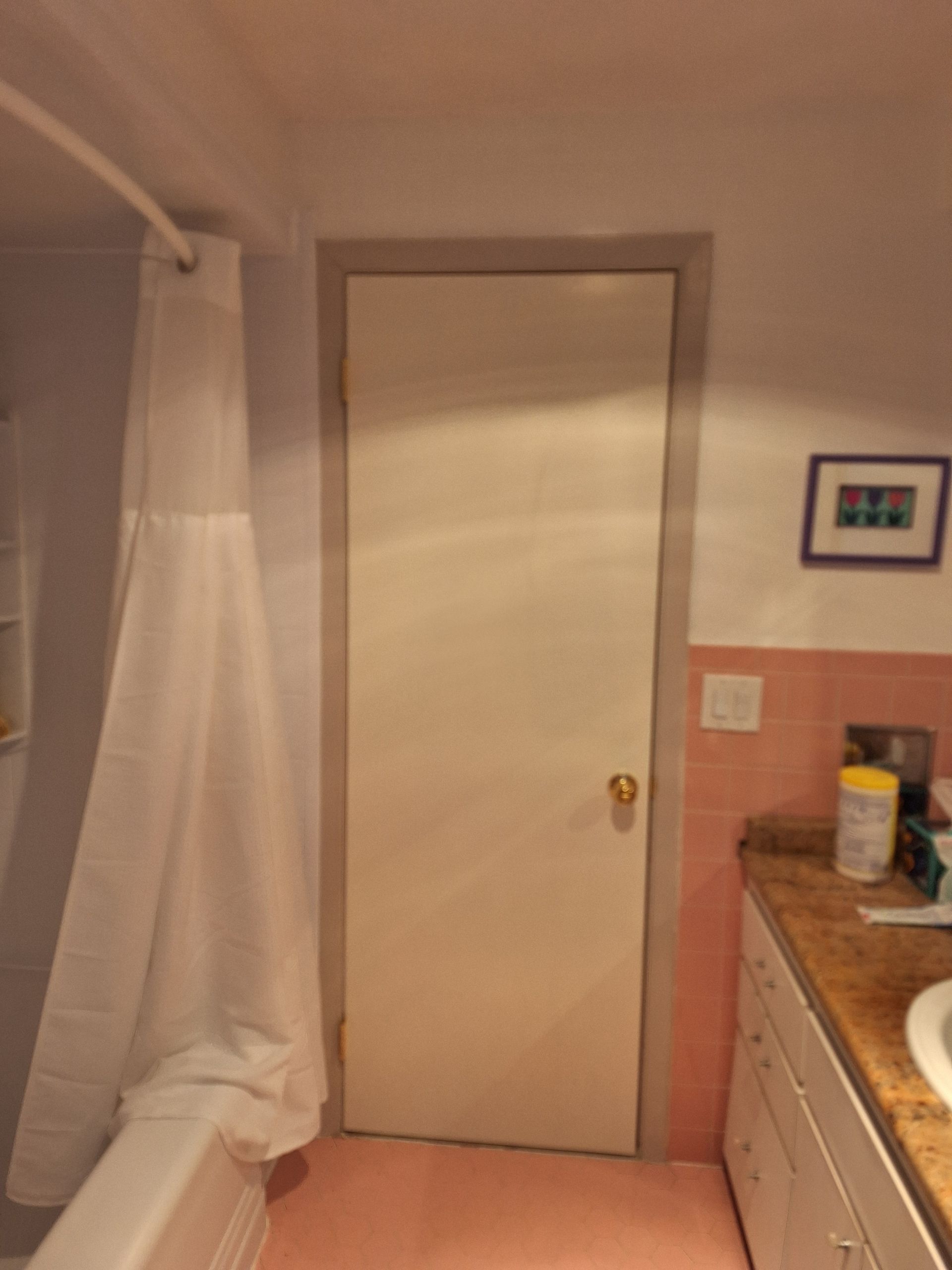 Bathroom with a closed door, shower curtain, sink, and light switch. Pink tile and a neutral-colored door.