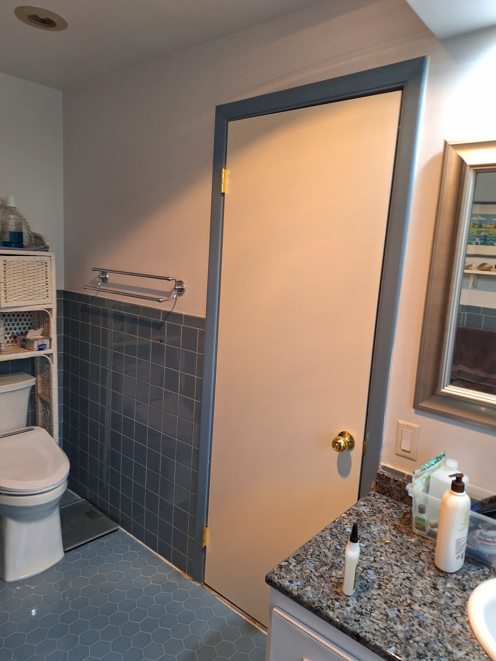 Bathroom with blue-tiled floor, white door with blue trim, toilet, vanity, and mirror.