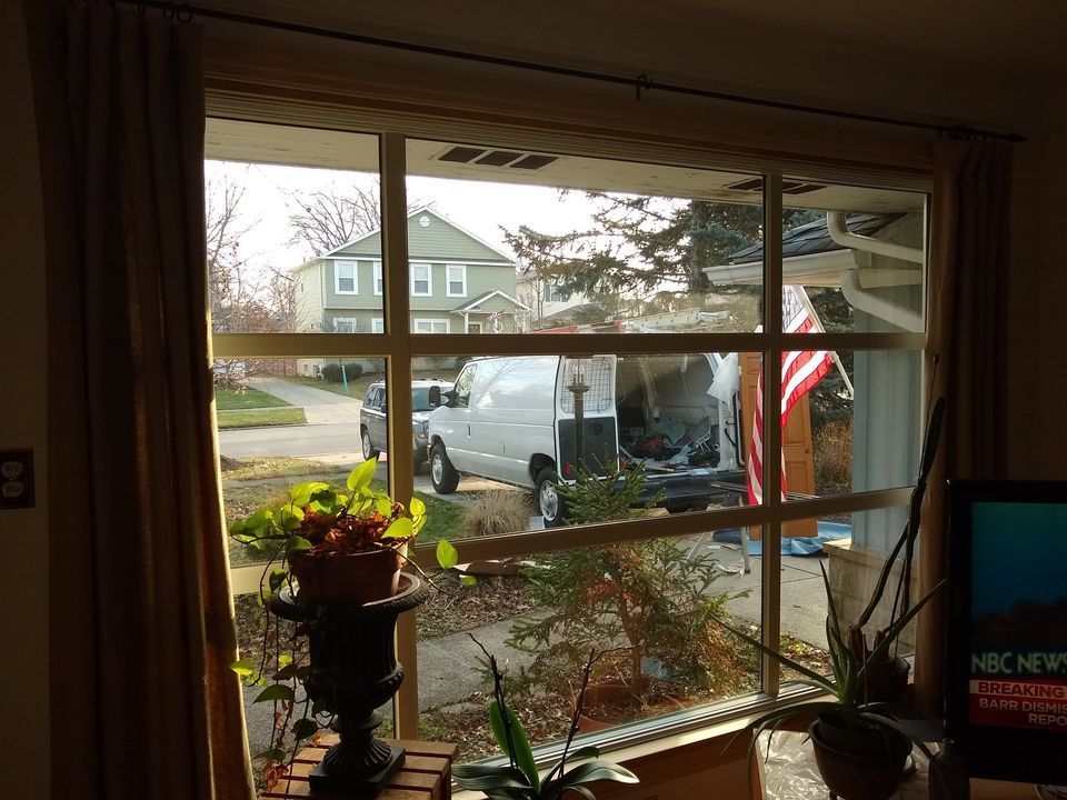 View through a window: A sunny day with a van and house visible; plants in the foreground, curtains on the sides.