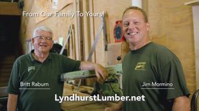 Two men in green shirts at Lyndhurst Lumber, one leaning on a saw. Text: 