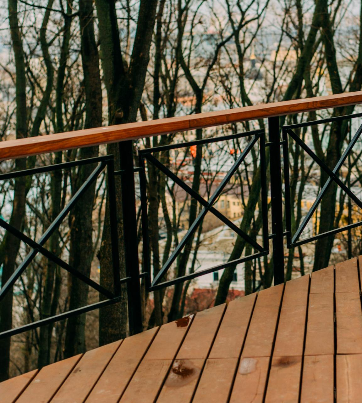 Wooden deck and black metal railing overlooking a cityscape through bare trees.