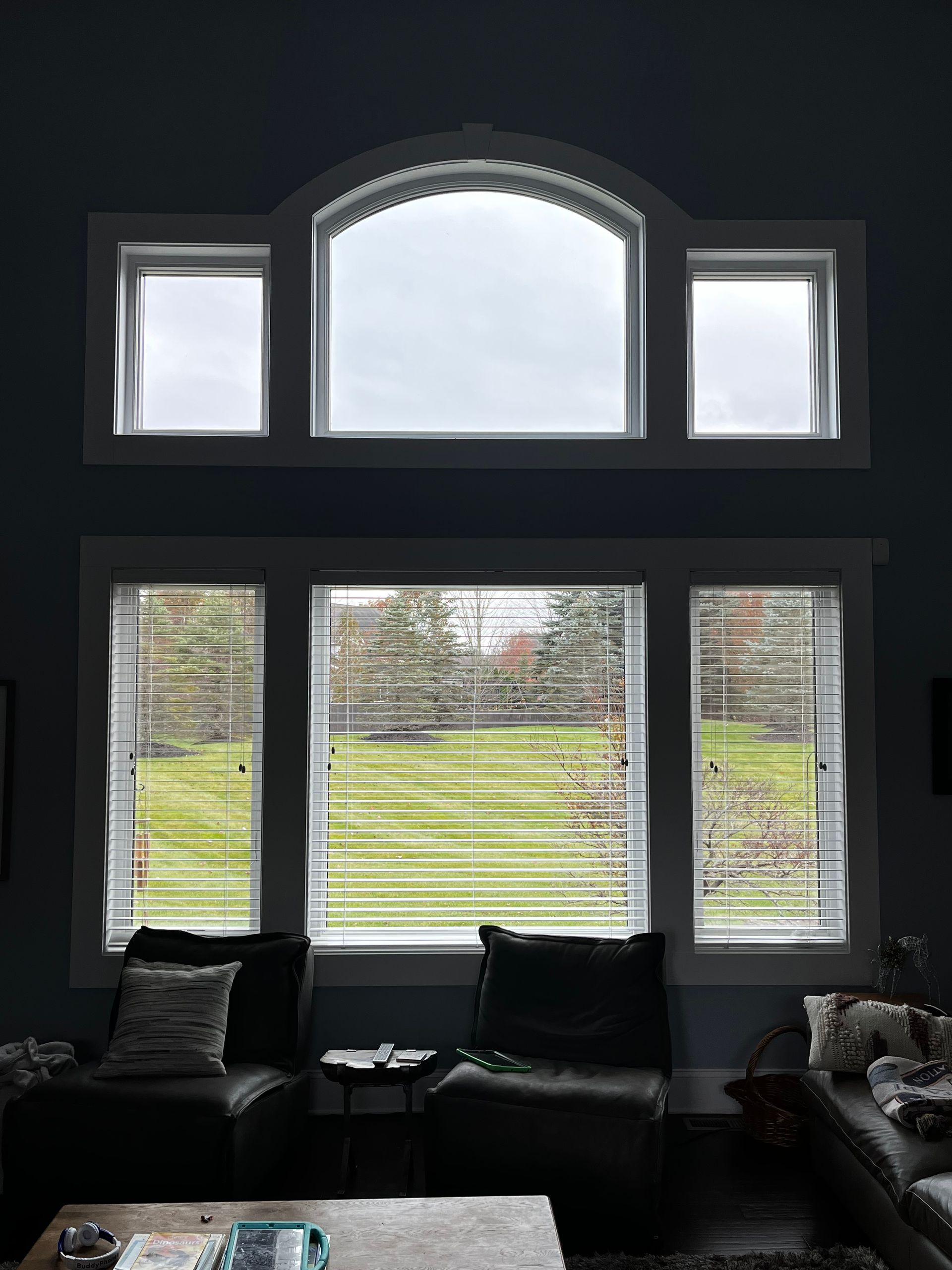 Living room with large windows, some with blinds. Two black armchairs face the windows, overlooking a green lawn.