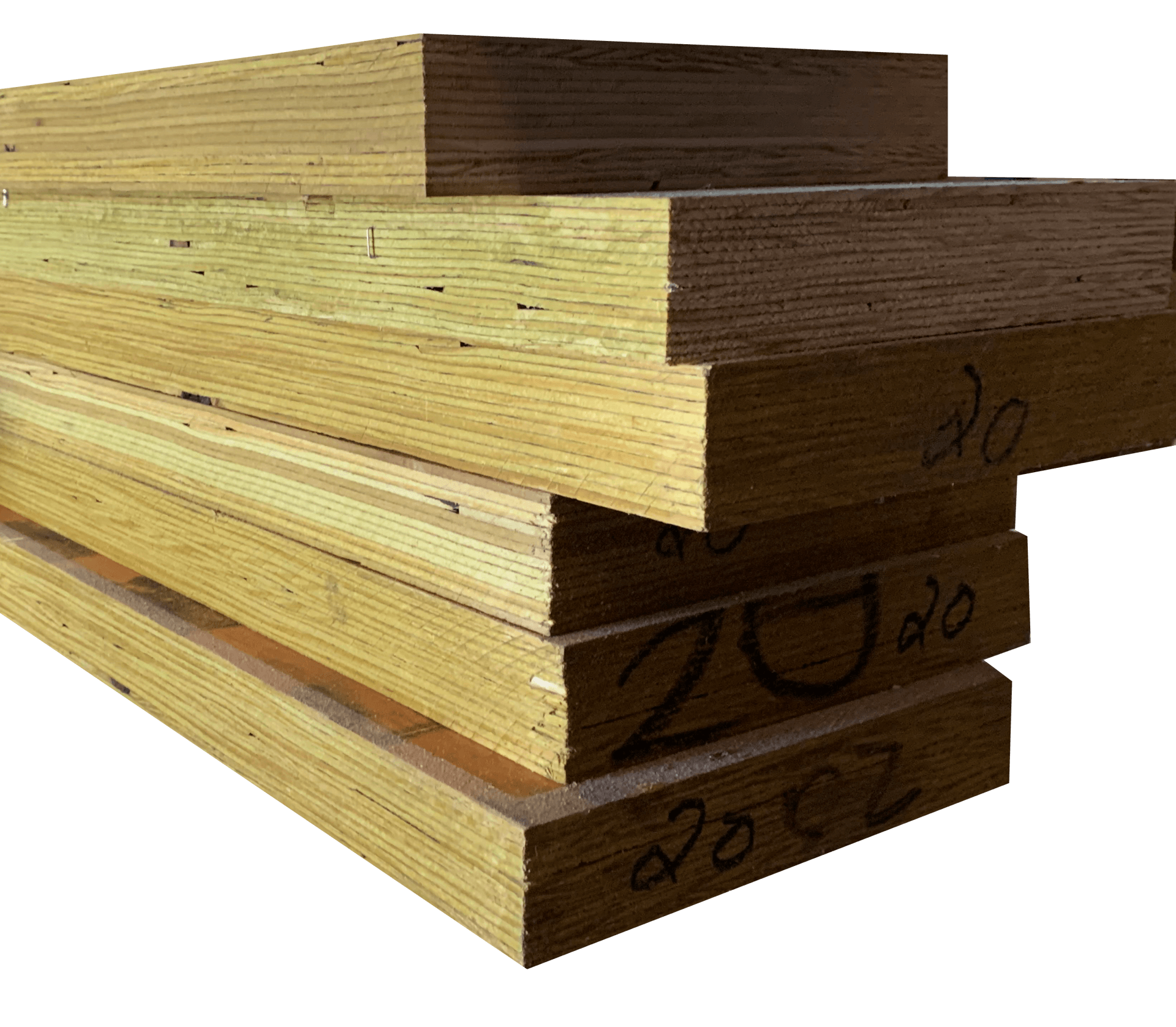 Stack of wooden boards with visible end-grain layers, marked with 
