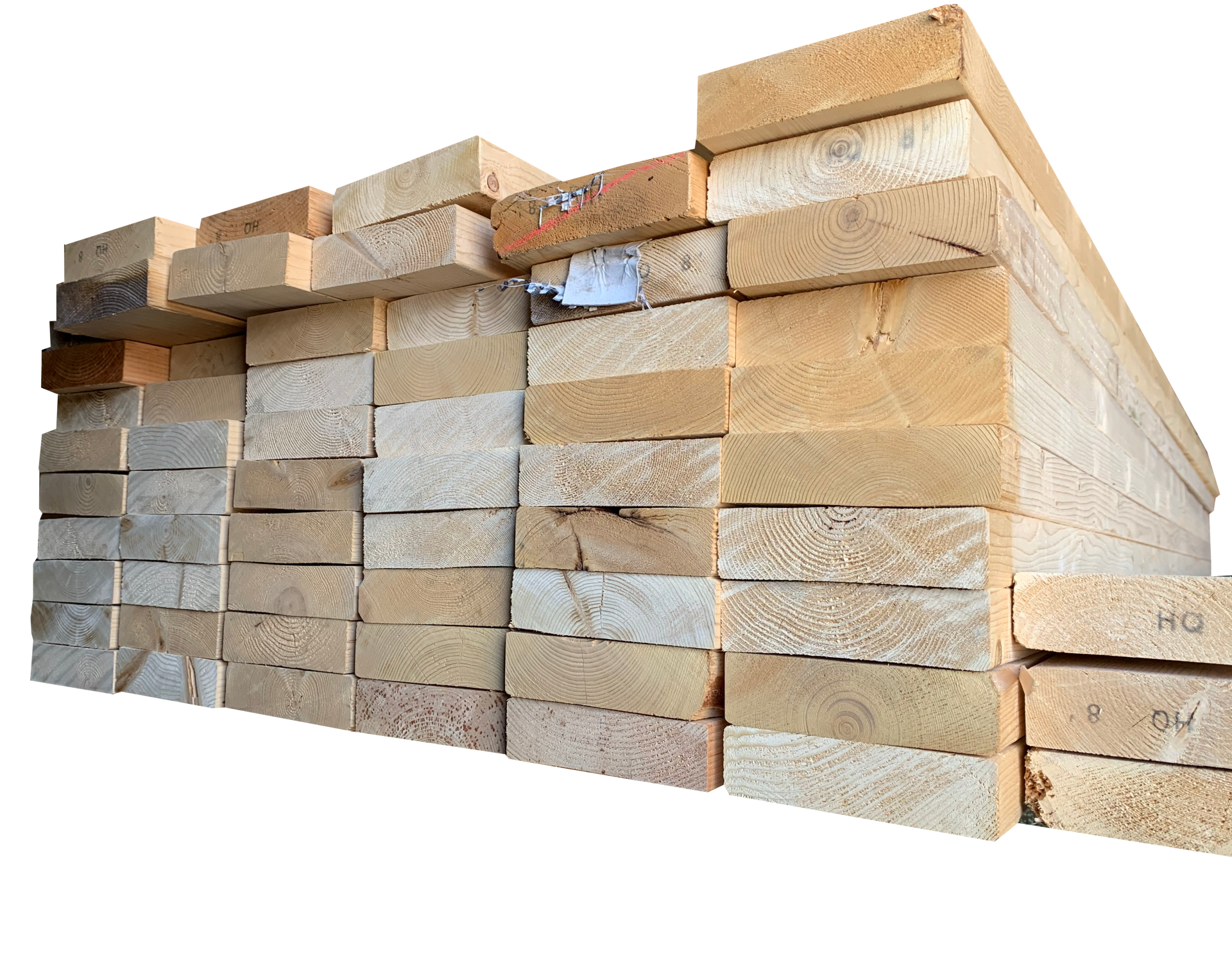 Pile of light-colored wooden planks, stacked horizontally. Some planks show wood grain.