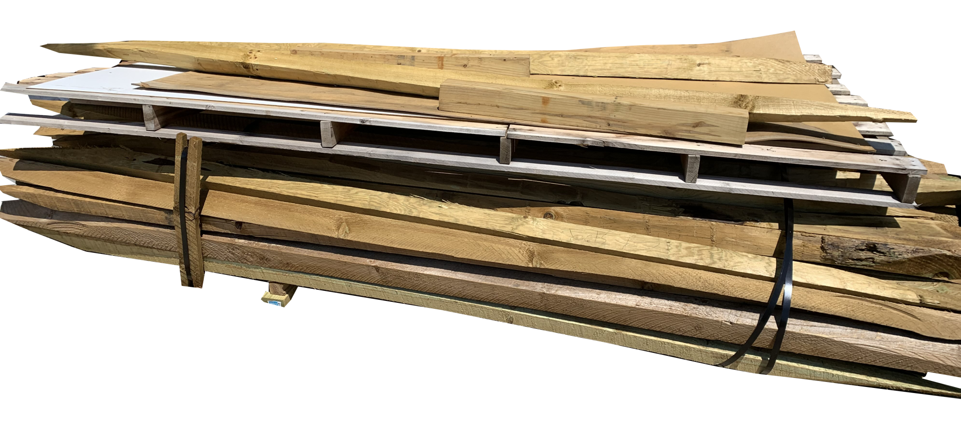 Stack of wooden planks on a pallet, secured with straps.