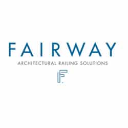 Logo for Fairway Architectural Railing Solutions. Blue text, white background, a stylized “F” symbol.