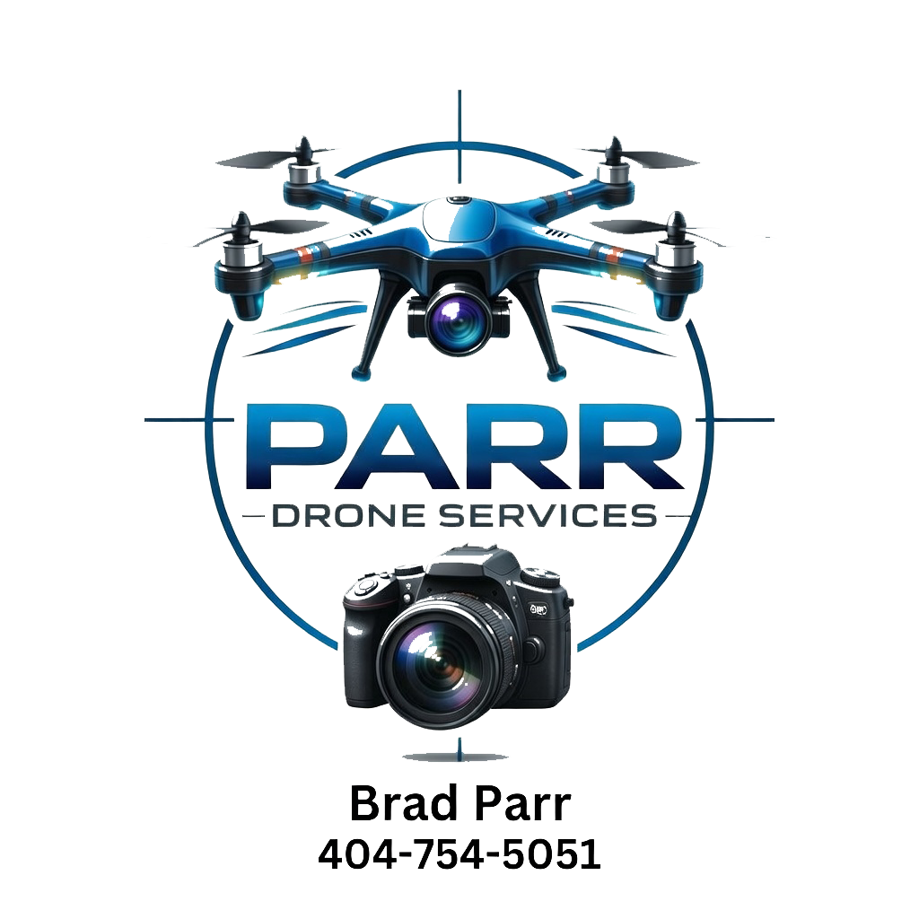 Logo for Parr Drone Services featuring a blue drone above a camera and crosshairs, with contact info for Brad Parr.