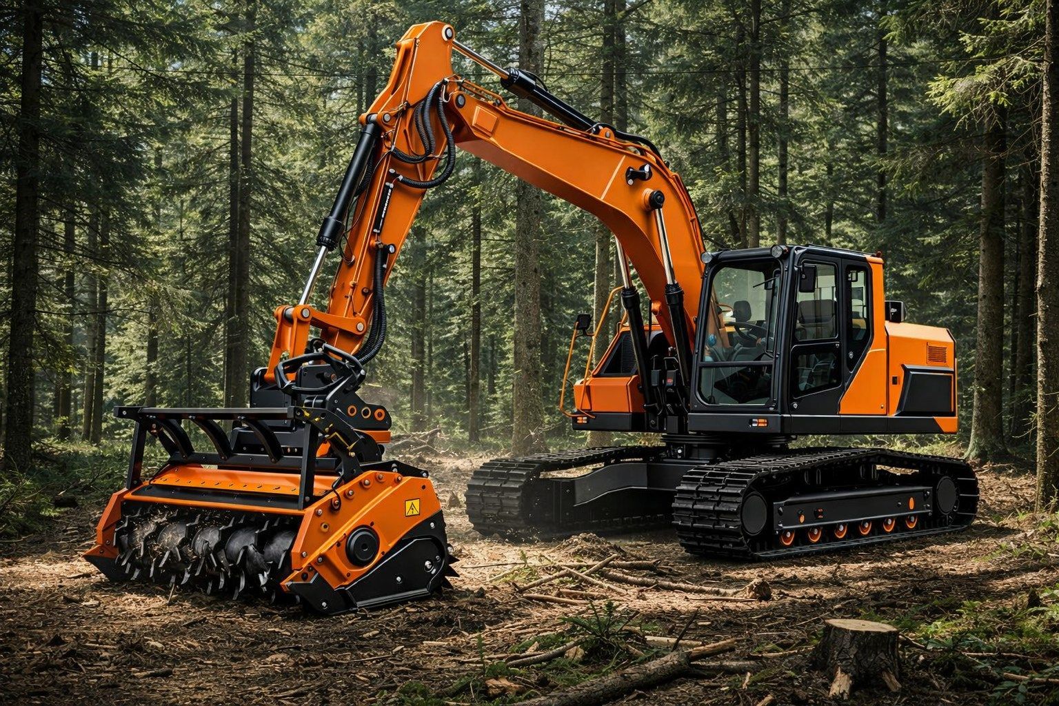 Orange excavator with forestry mulcher in a wooded forest clearing
