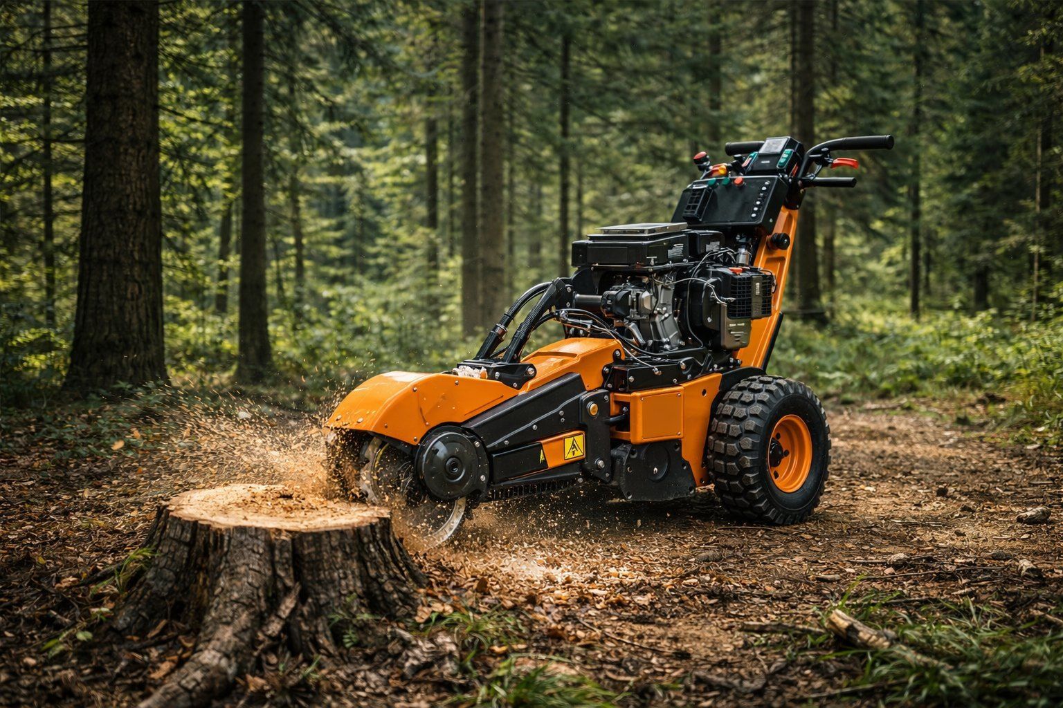 Orange forestry mulcher grinding a tree stump in a forest