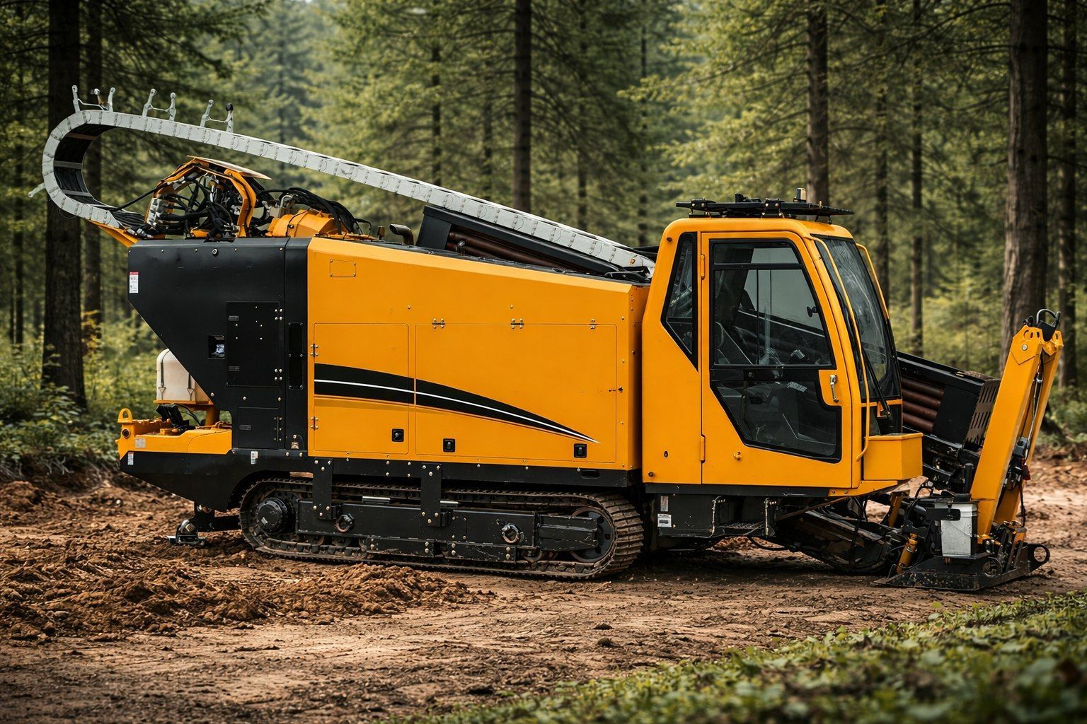 Yellow drilling machine with long auger in a forest clearing
