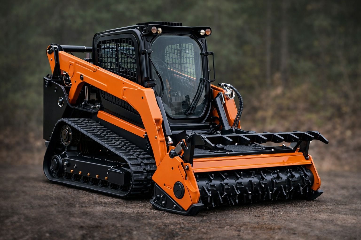 Orange compact tracked skid steer loader on a wet dirt surface, facing left.