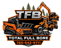 TFB demolition logo with orange excavator, dump truck, trees, and “TOTAL FULL BORE” phone number 765-542-9711