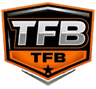 TFB logo in black, orange, and silver with bold metallic lettering and shield shape