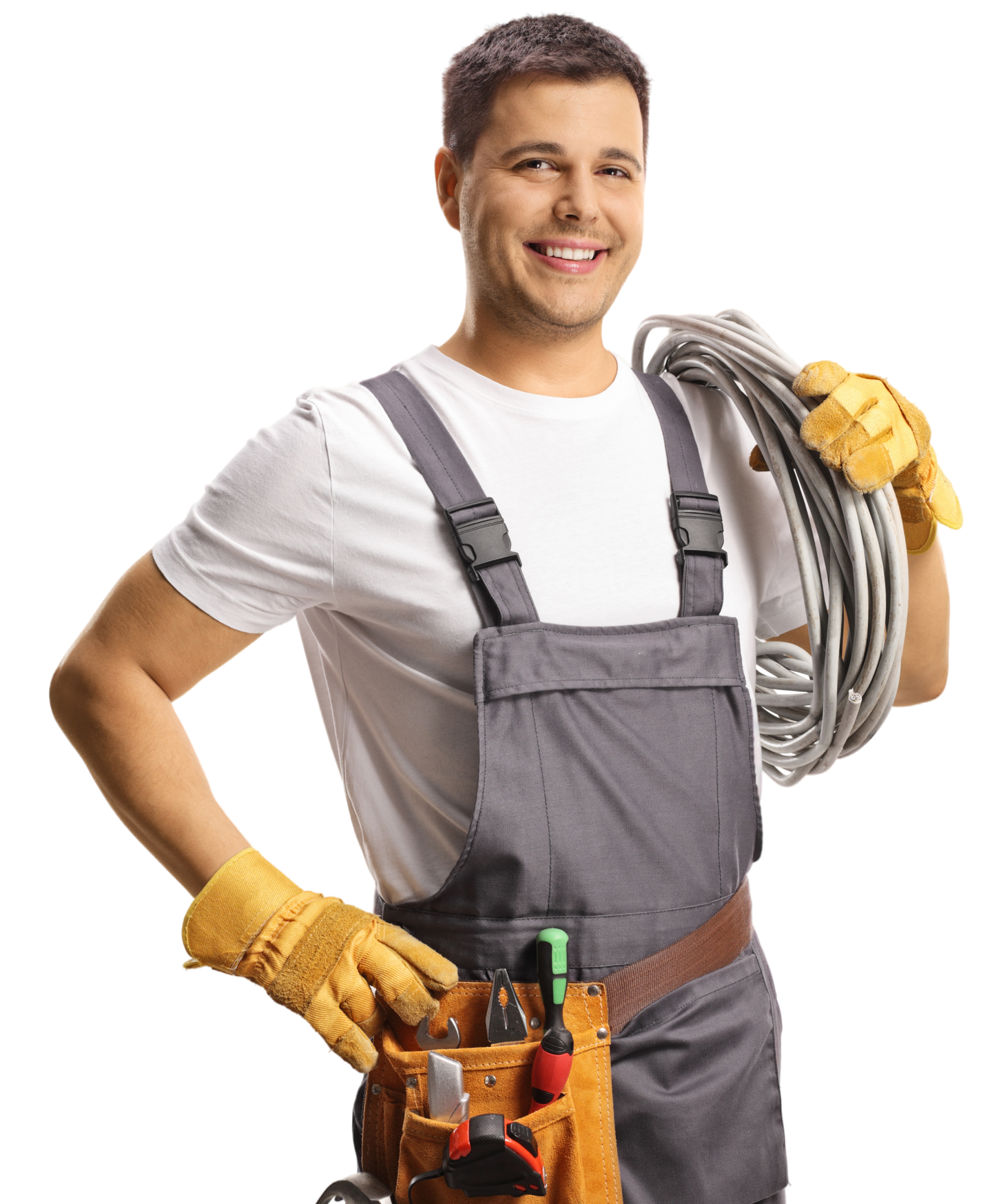 Electrician wearing overalls and gloves, smiling, holding coiled cable, tool belt on.