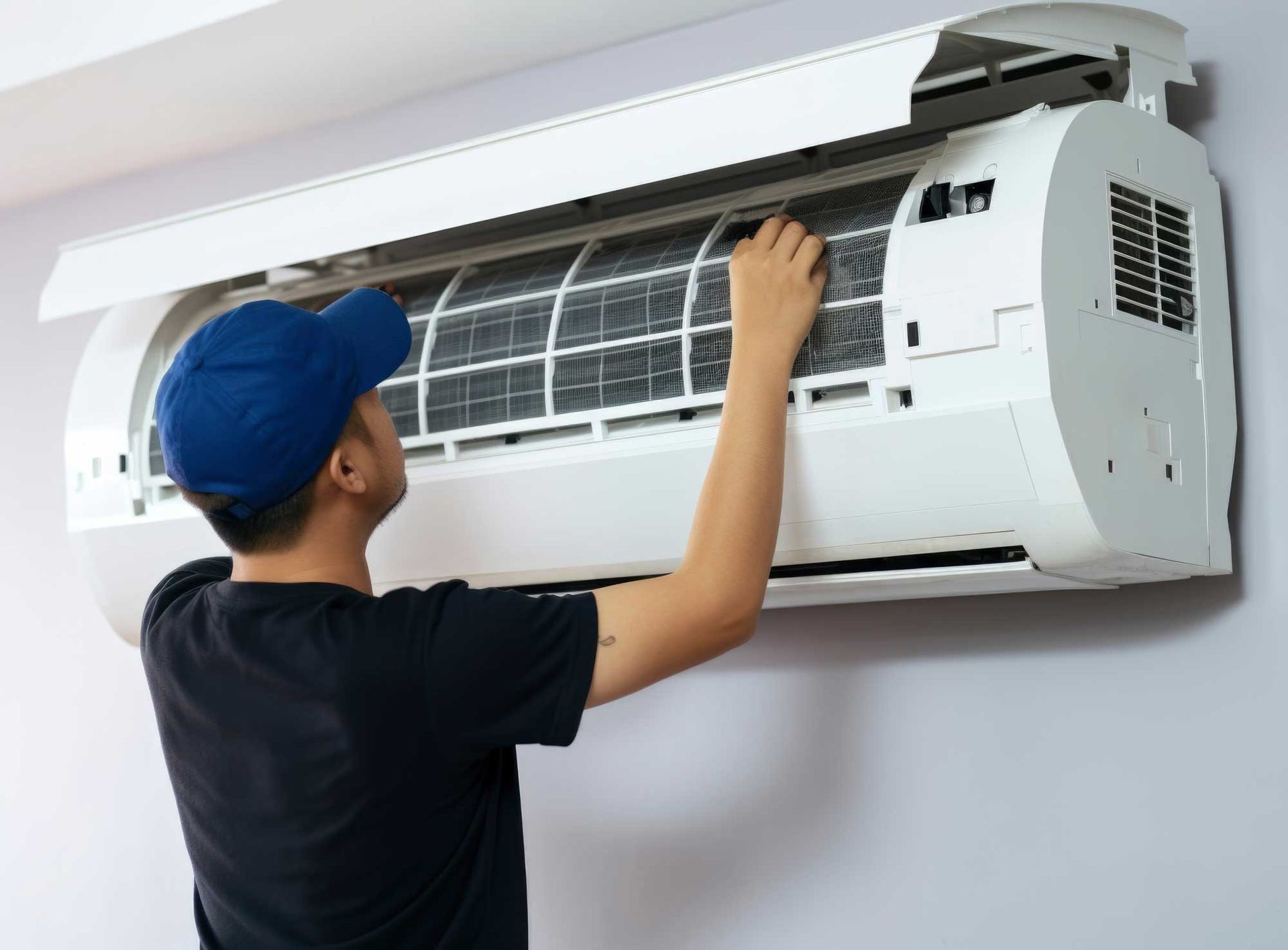 Professional AC technician repairing a splitter unit. Professional AC technician repairing a splitter unit.
