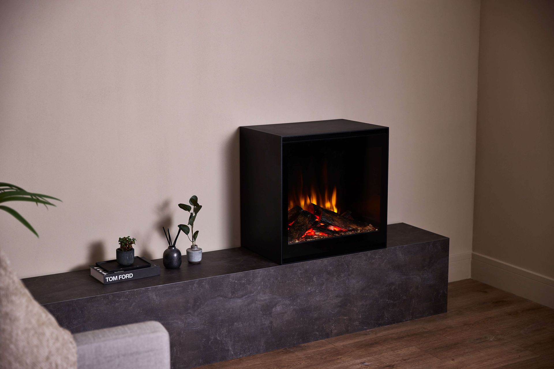 Close-up of the Cube Stove flame effect and deep fuel bed