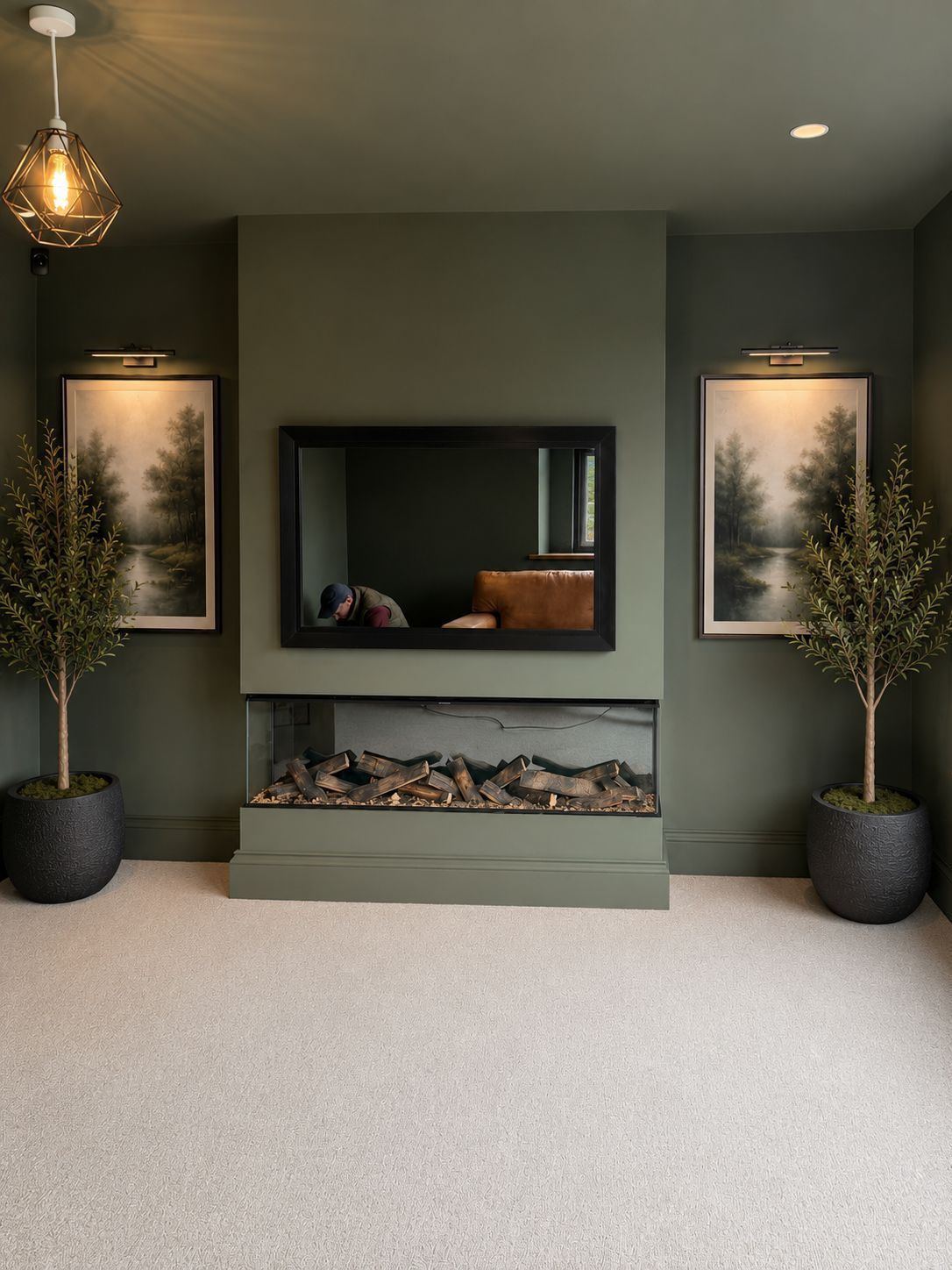 new forest 1600 black edition anti reflective glass in a dark green media wall
