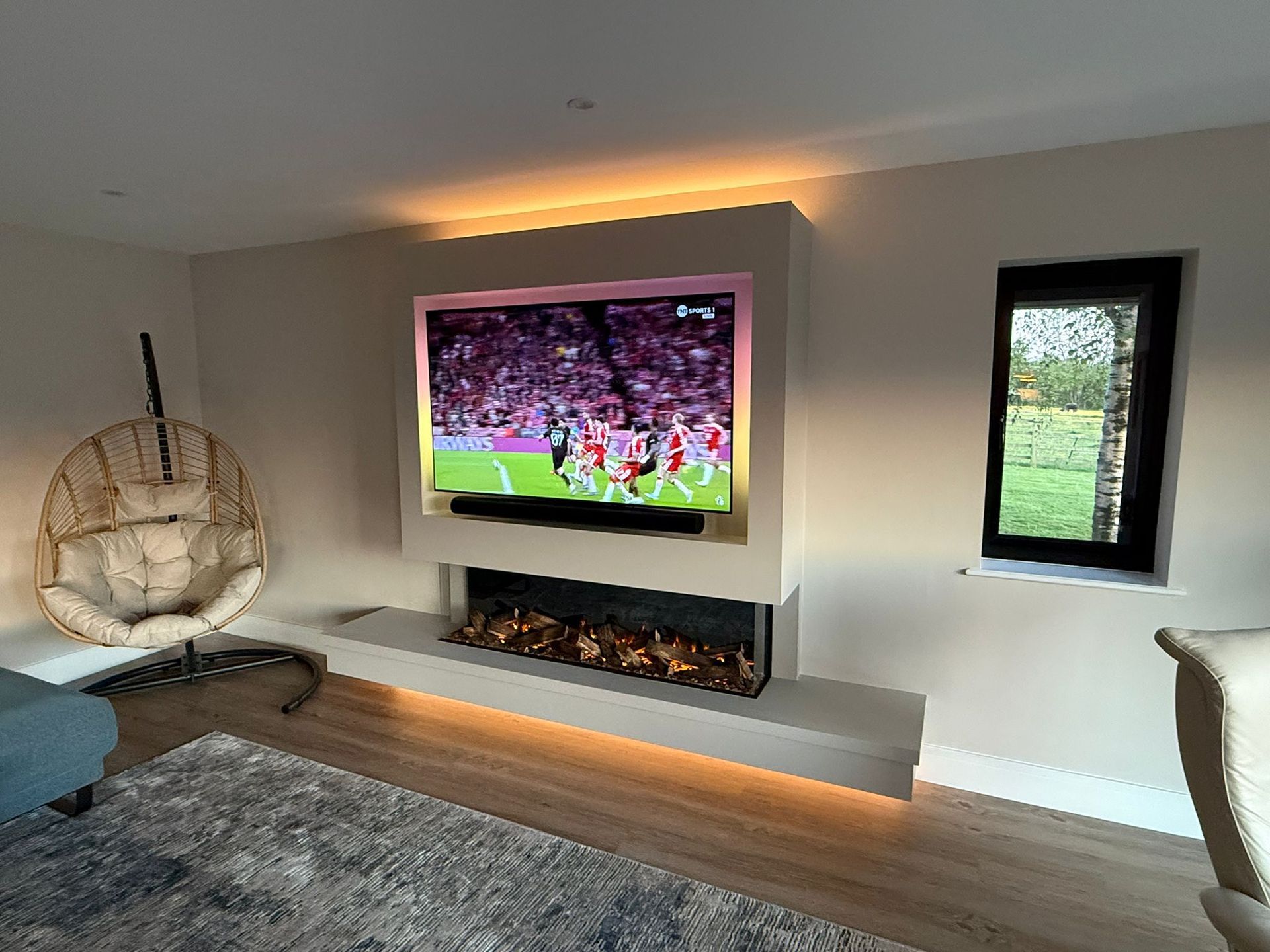 media wall with floating shelf and 1600 fire
